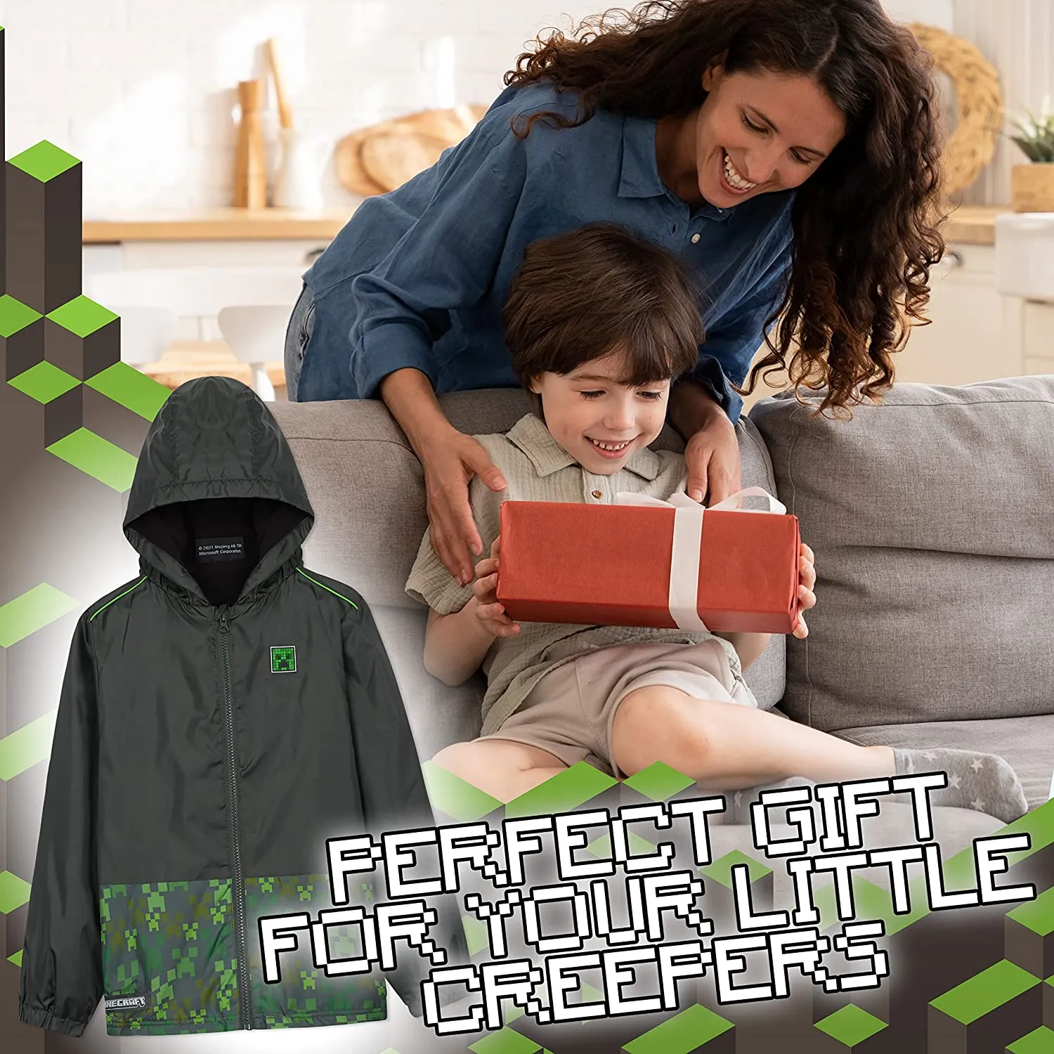 Minecraft Rain Waterproof Jacket with Warm Lining and Hood for Gamers Boys Girls