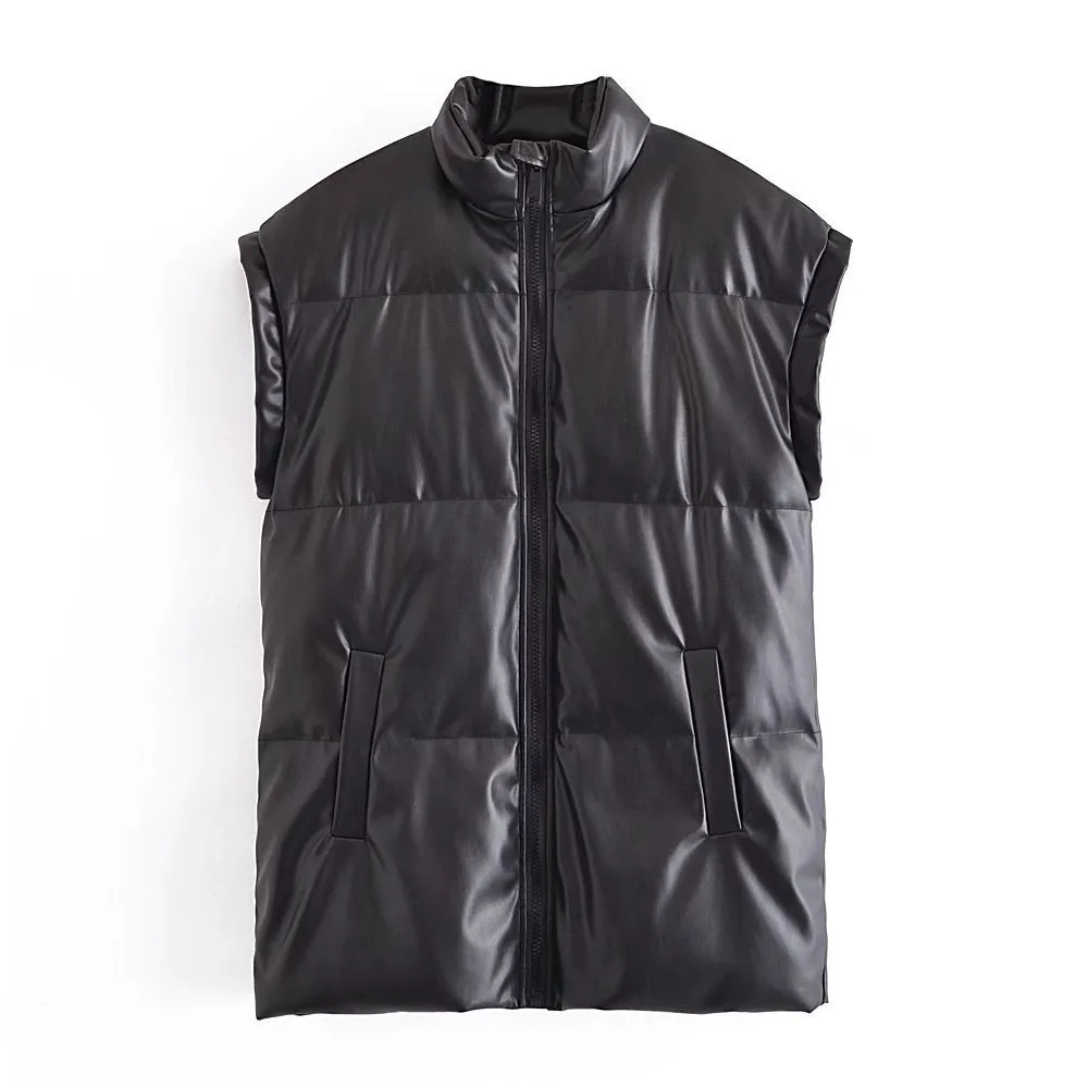 New Long Zipper Faux  Leather Jakcet Gilet