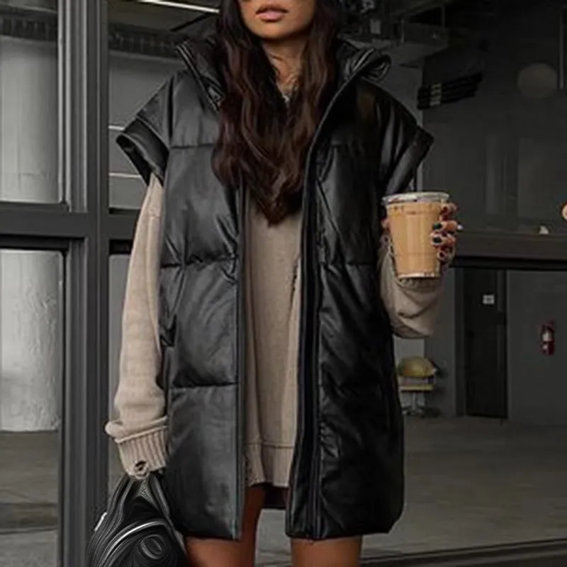 New Long Zipper Faux  Leather Jakcet Gilet