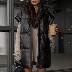 New Long Zipper Faux  Leather Jakcet Gilet