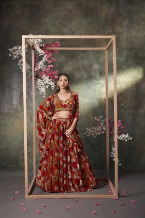 Orange Printed Choli, Lehenga And Jacket Set With Embroidery