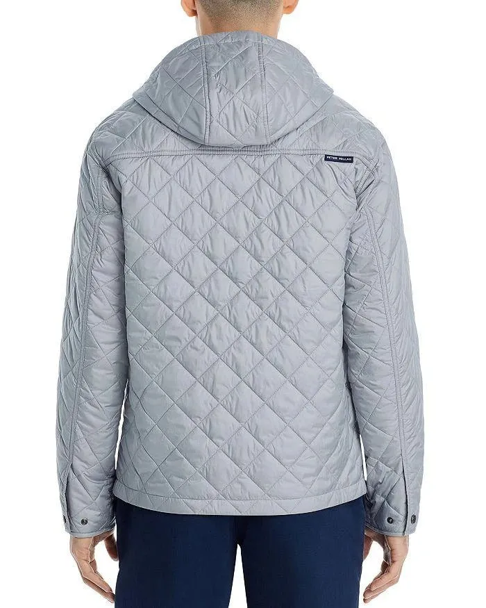 Peter Millar Mens Regular fit Quilted Full Zip Hooded Coat XL Light Grey Solid