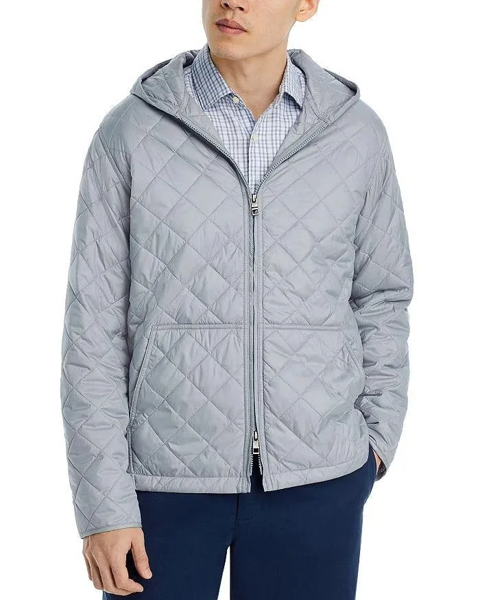 Peter Millar Mens Regular fit Quilted Full Zip Hooded Coat XL Light Grey Solid