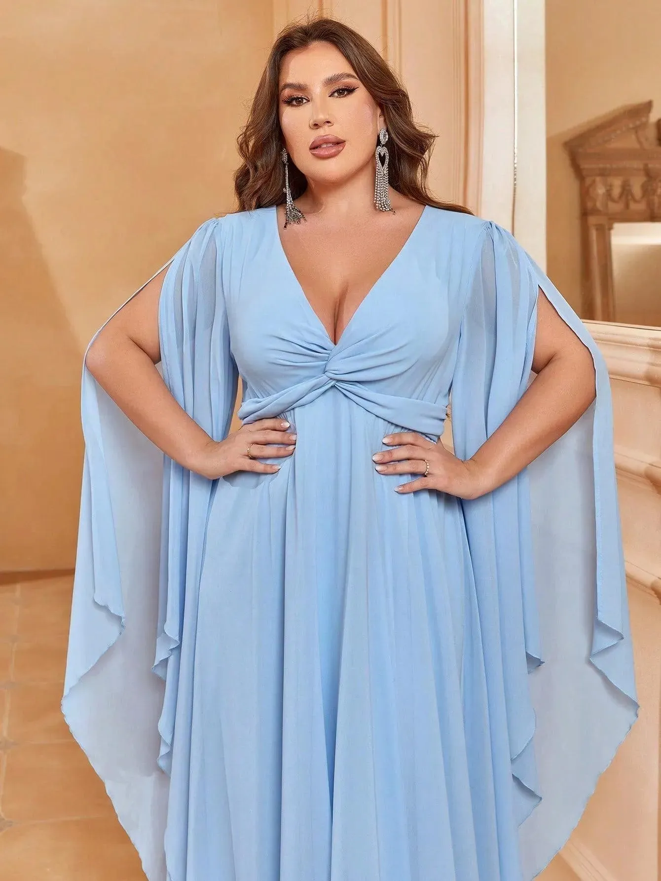 Plus Deep V Neck Cape Sleeves Chiffon Dresses