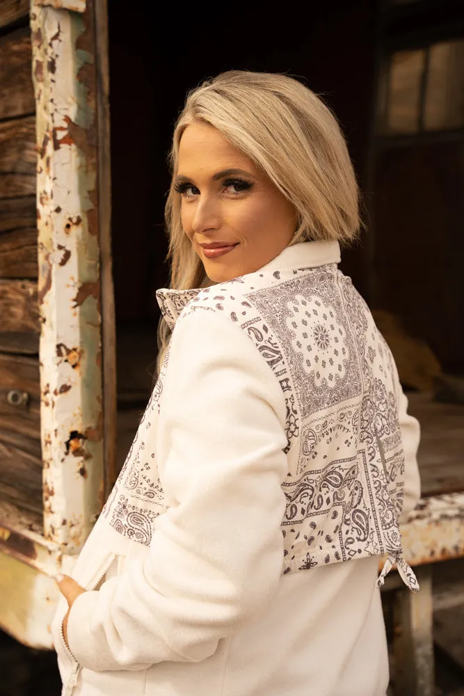 "Ladies Tech Fleece Jacket" White/Grey Bandana Pattern