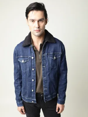 Rare Rabbit Men's Rubix Blue Fleece Collar Dark Wash Denim Jacket