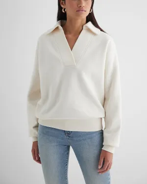 Relaxed V-Neck Banded Bottom Polo Sweatershirt in Swan