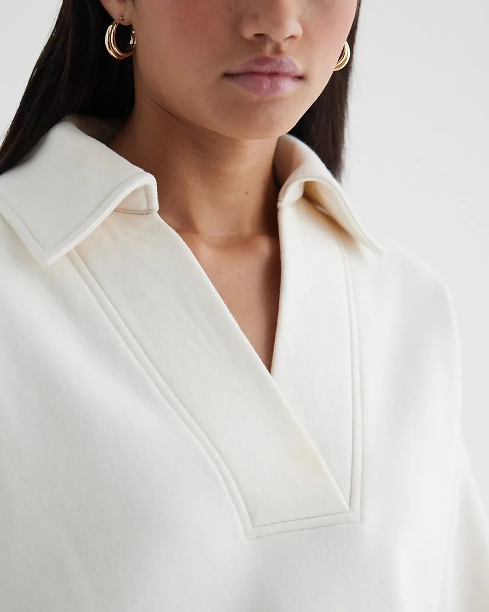 Relaxed V-Neck Banded Bottom Polo Sweatershirt in Swan