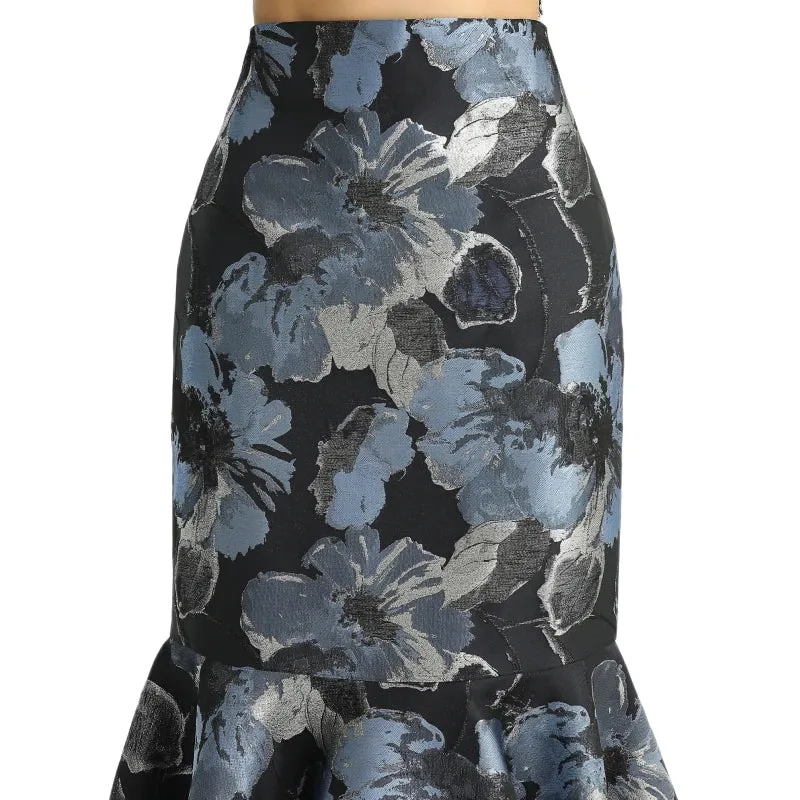 S168 Women metallic floral jacquard trumpet ruffle hem mermaid midi skirt