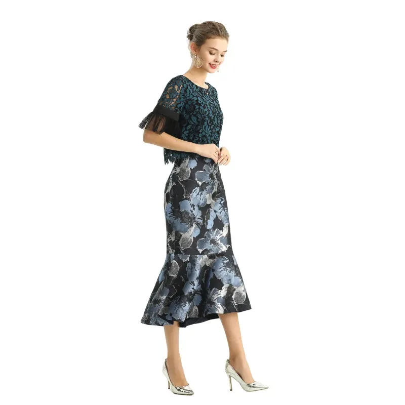 S168 Women metallic floral jacquard trumpet ruffle hem mermaid midi skirt