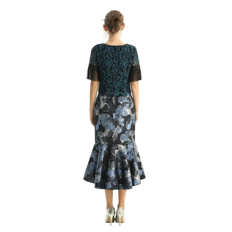 S168 Women metallic floral jacquard trumpet ruffle hem mermaid midi skirt
