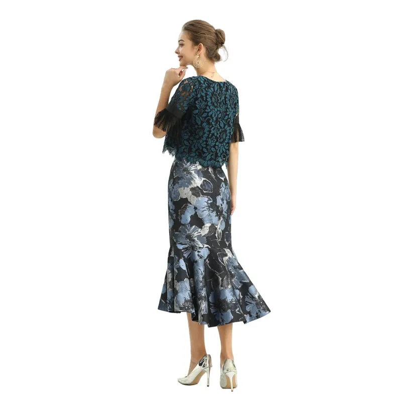 S168 Women metallic floral jacquard trumpet ruffle hem mermaid midi skirt