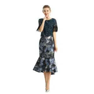 S168 Women metallic floral jacquard trumpet ruffle hem mermaid midi skirt