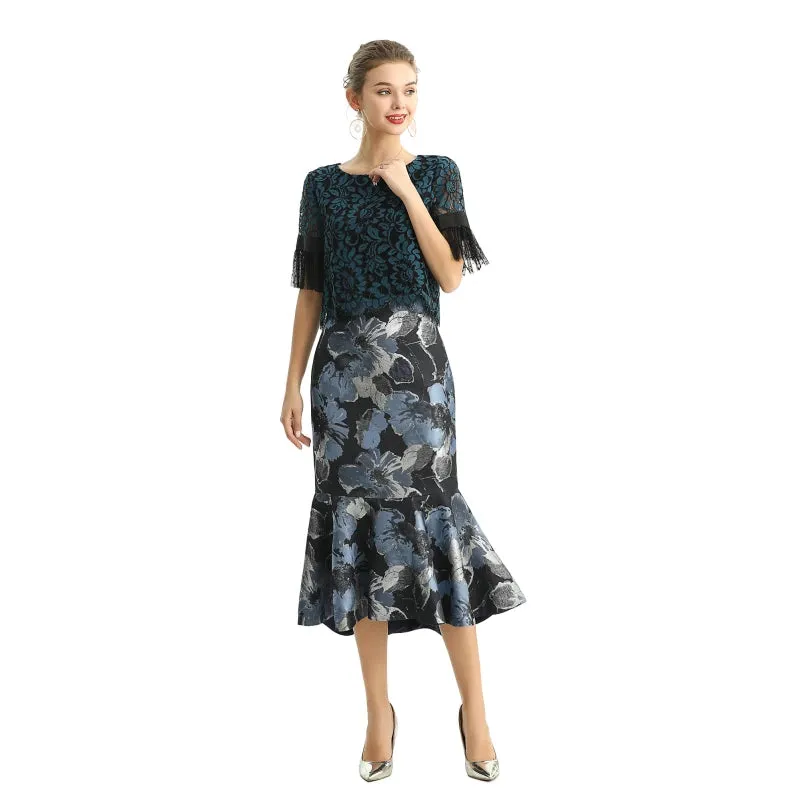 S168 Women metallic floral jacquard trumpet ruffle hem mermaid midi skirt