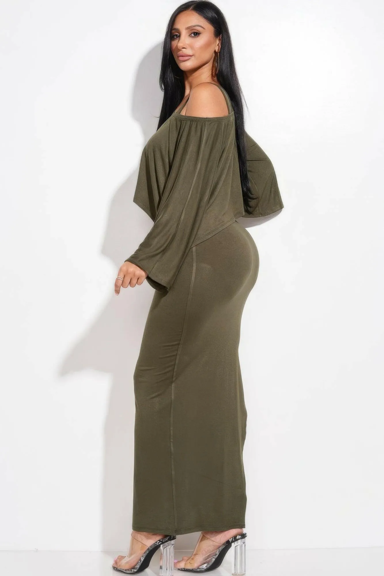 Solid Rayon Spandex Midi Length Tank Dress And Slouchy Cape Top Two Piece Set