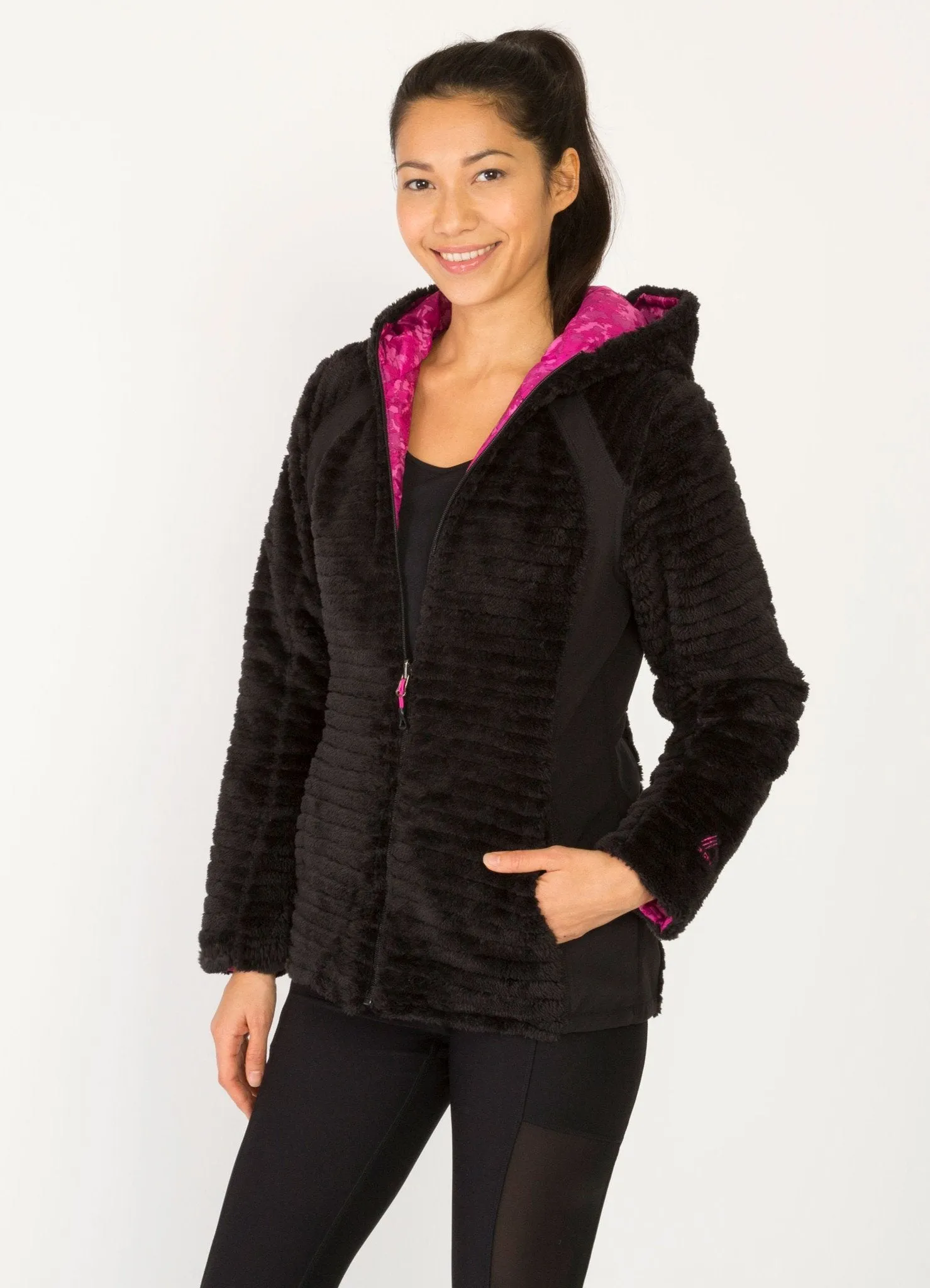 Striped Reversible Fleece Hooded Jacket With Side Panels