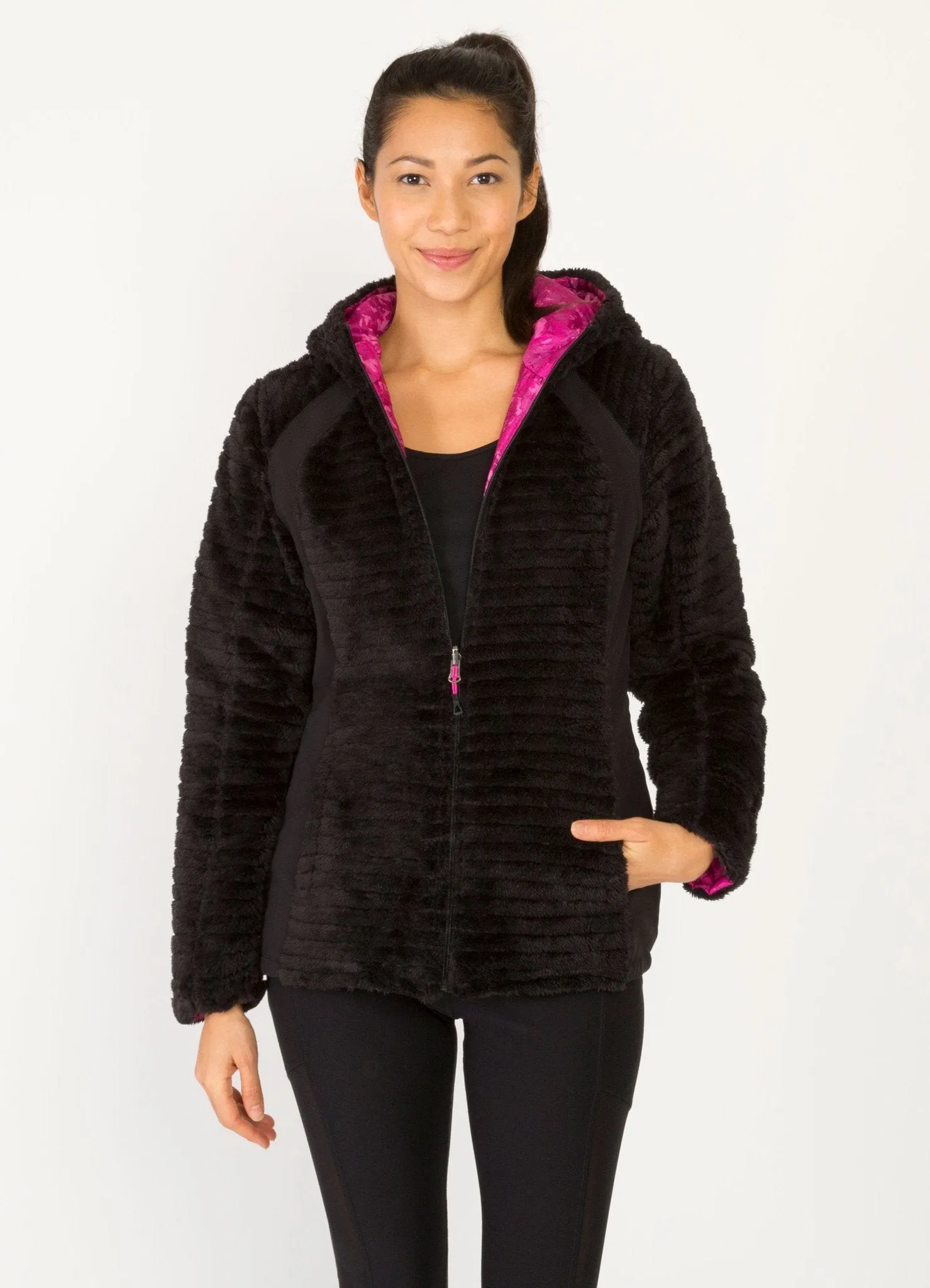 Striped Reversible Fleece Hooded Jacket With Side Panels