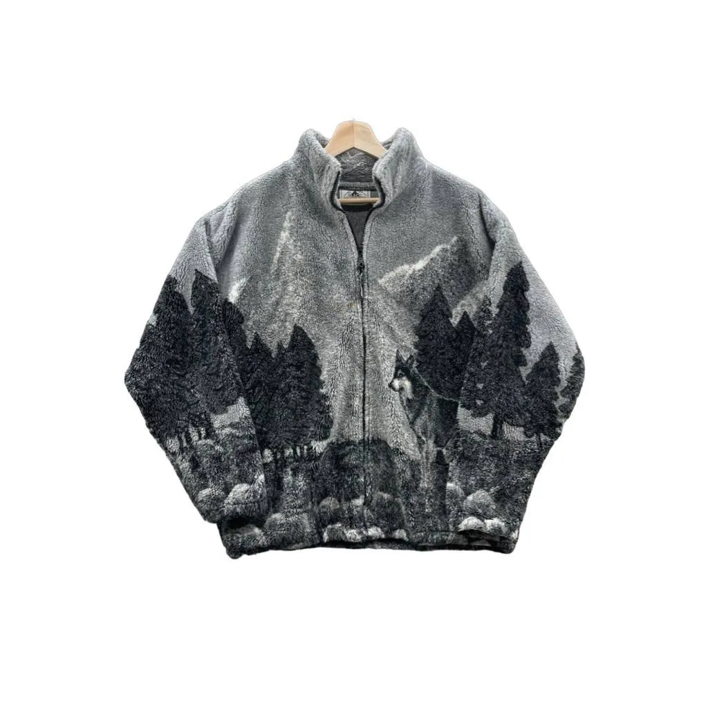 Vintage 1990's Black Mountain Wolf Animal Nature Fleece Zip Up Jacket
