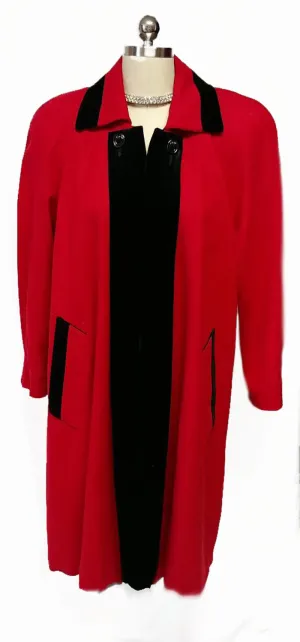VINTAGE PORTRAIT RED WOOL & BLACK VELVETY SWING CLUTCH COAT MADE IN THE U.S.A.
