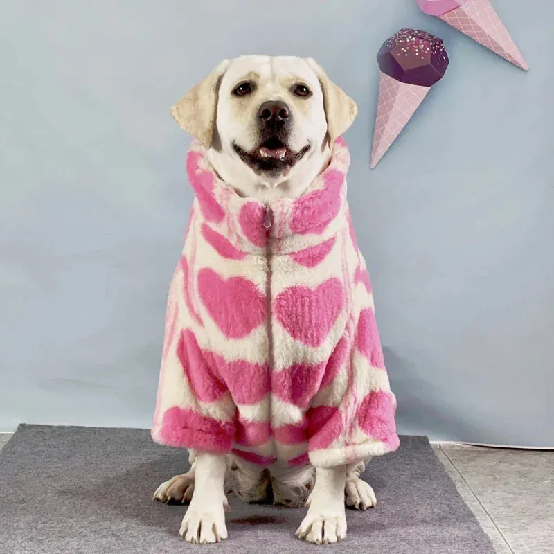 Winter Outdoor Dog Jacket Cute Heart Print Winter Fleece Clothes for Medium Large Dog Winter Coat High Collar Dog Jacket Love Print Dog Clothes