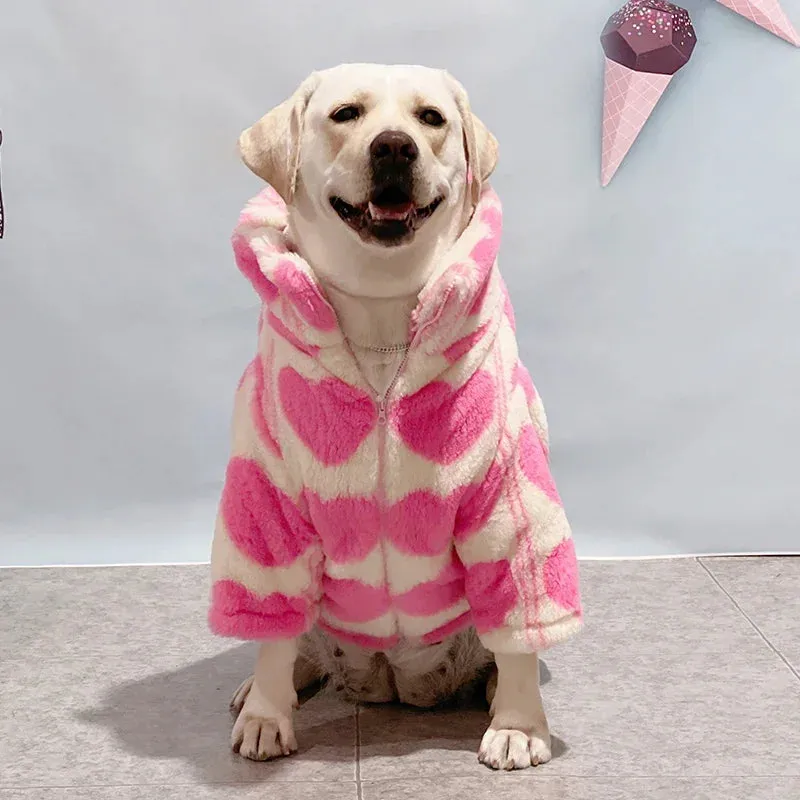 Winter Outdoor Dog Jacket Cute Heart Print Winter Fleece Clothes for Medium Large Dog Winter Coat High Collar Dog Jacket Love Print Dog Clothes