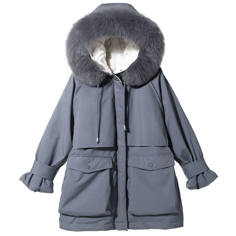 Woman Hooded Oversized Parka Fur Collar Polyester Down Puffy Coat