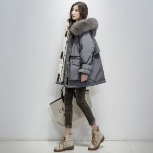 Woman Hooded Oversized Parka Fur Collar Polyester Down Puffy Coat