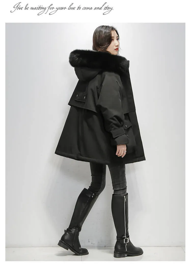 Woman Hooded Oversized Parka Fur Collar Polyester Down Puffy Coat