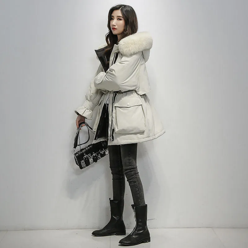 Woman Hooded Oversized Parka Fur Collar Polyester Down Puffy Coat