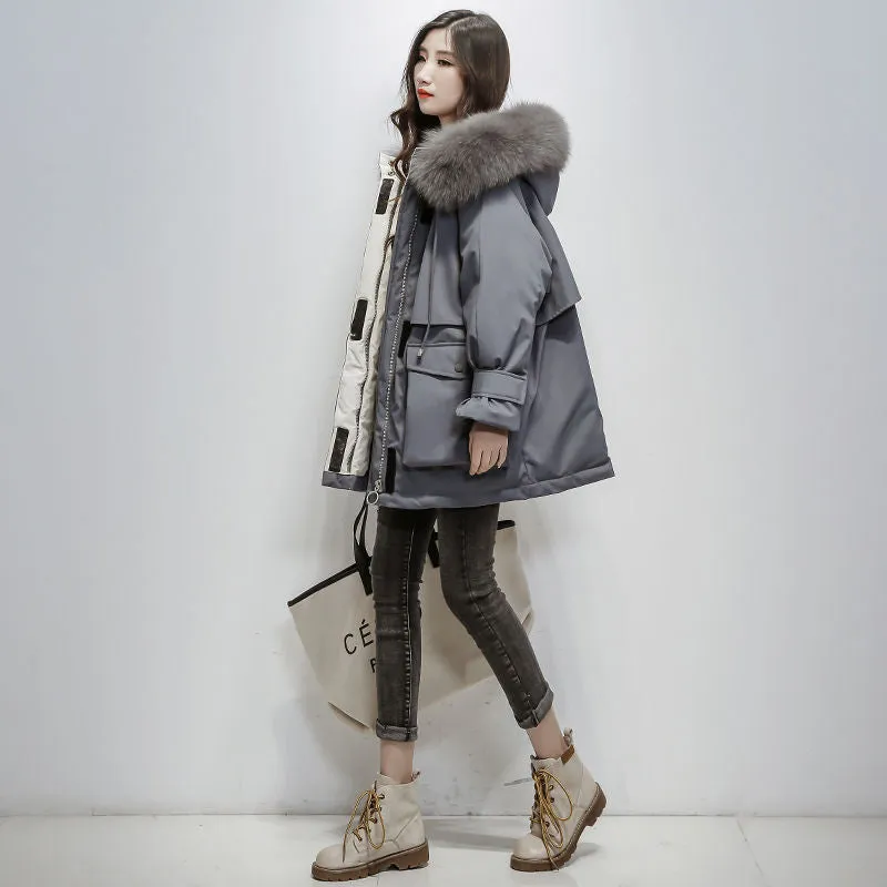 Woman Hooded Oversized Parka Fur Collar Polyester Down Puffy Coat
