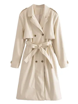 Women's Belted Trench Coat with Button Decoration