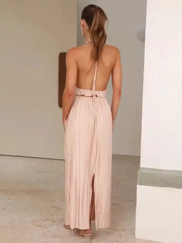 Women’s fashion new hot girl halter neck backless sexy strappy pleated long skirt suit