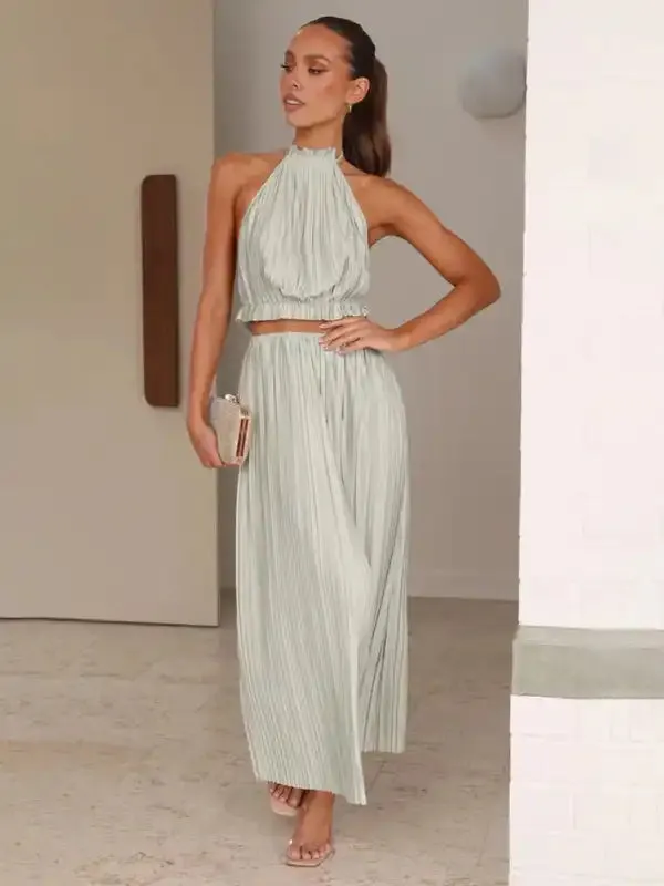 Women’s fashion new hot girl halter neck backless sexy strappy pleated long skirt suit