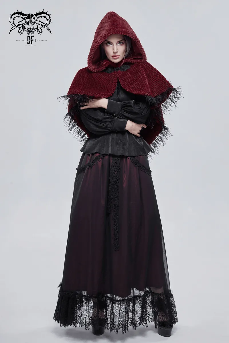 Women's Red Hooded Short Cape with Fringes / Grained Plush Cape with Fur Balls on the Back