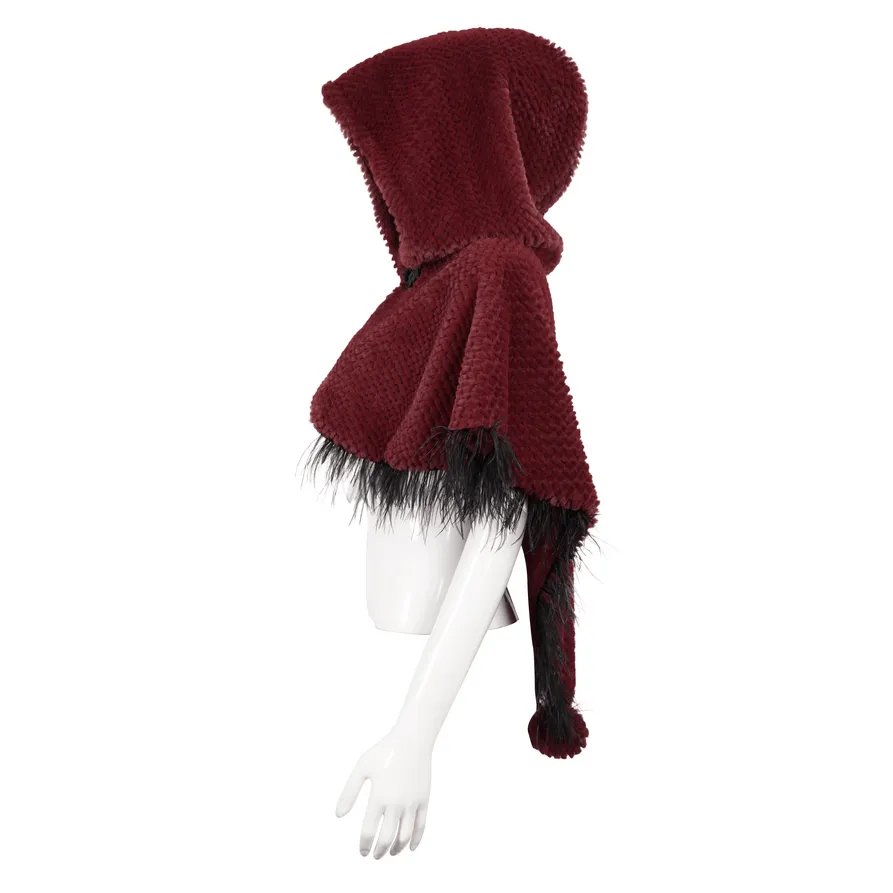 Women's Red Hooded Short Cape with Fringes / Grained Plush Cape with Fur Balls on the Back