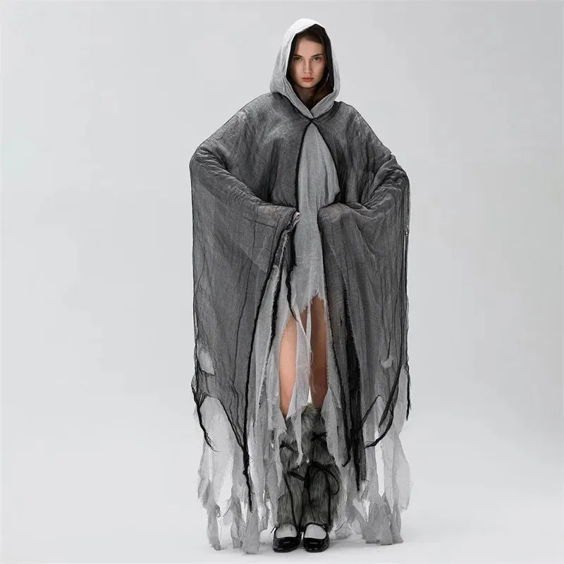 Women's Ripped Hooded Cape Black