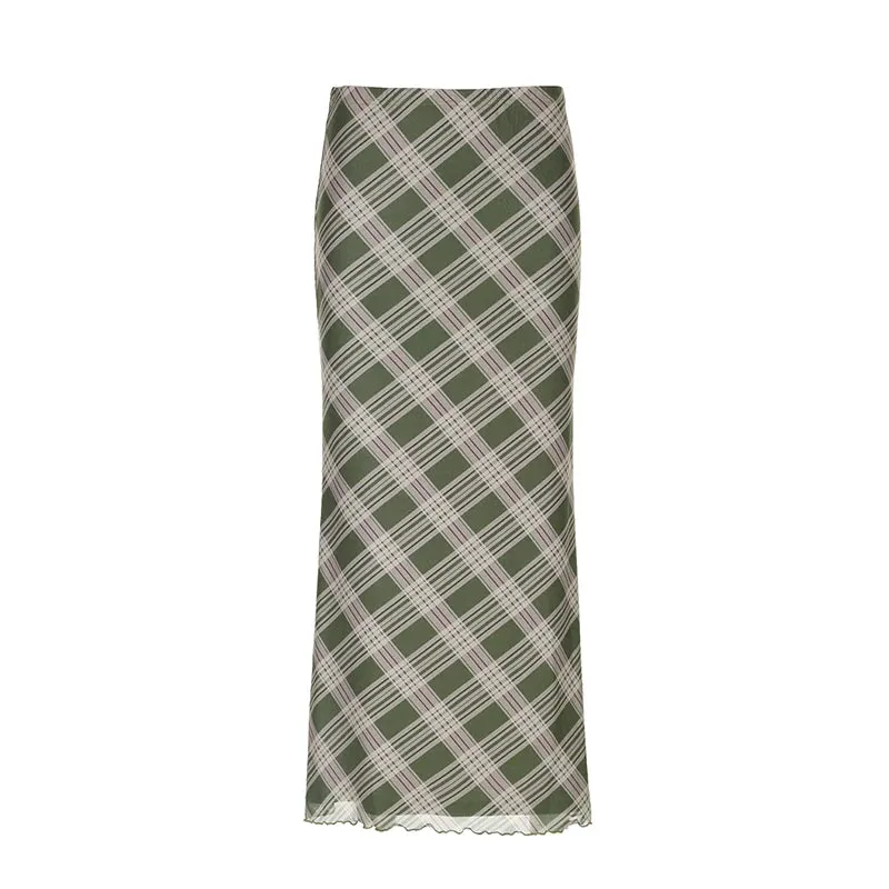 Y2K Green Frill Low Waist Long Plaid Skirt Female Harajuku 2000s Aesthetic Mesh Skirt Two Layer Chic Fairycore Bottom