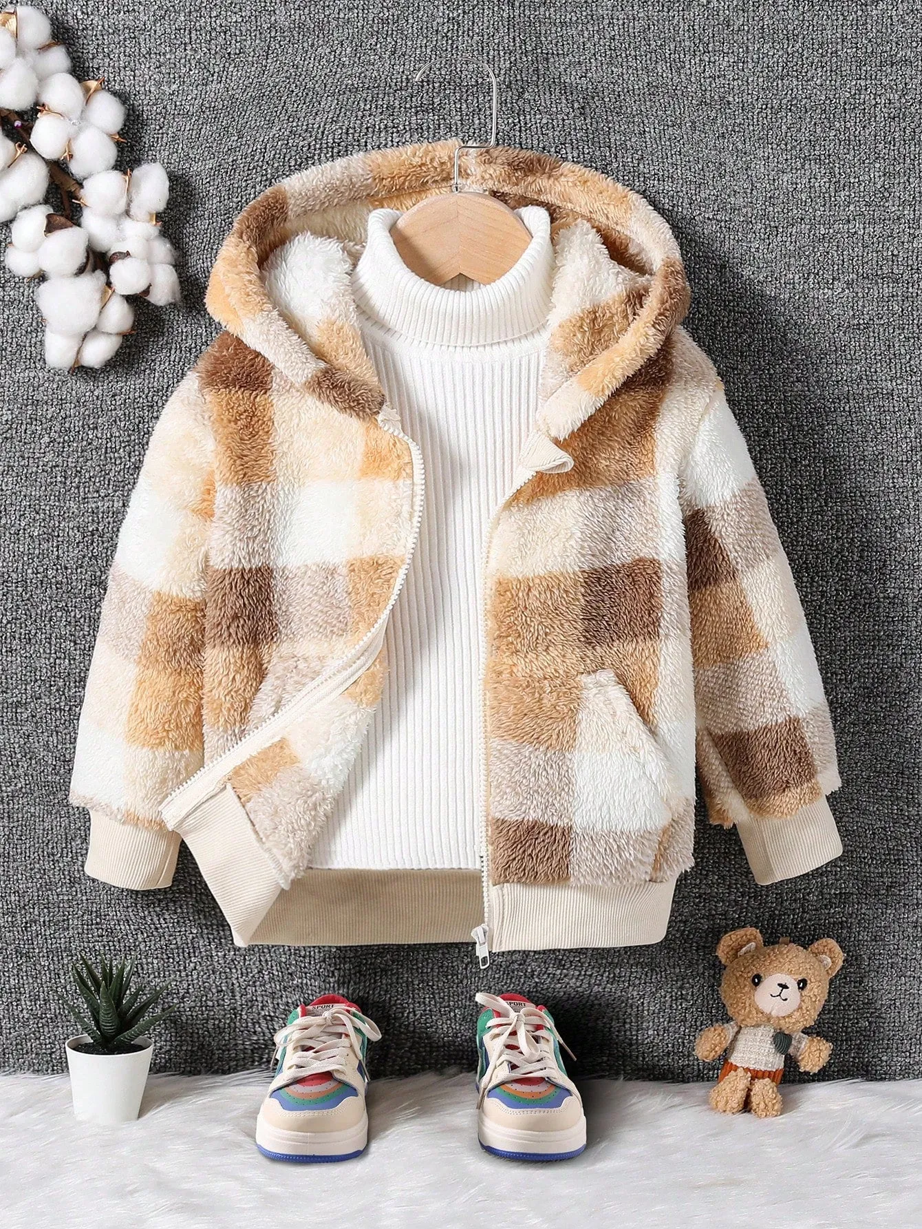 Young Boy Plaid Double-Sided Fleece Warm Jacket for Daily Wear, College, Autumn & Winter
