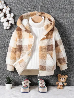 Young Boy Plaid Double-Sided Fleece Warm Jacket for Daily Wear, College, Autumn & Winter